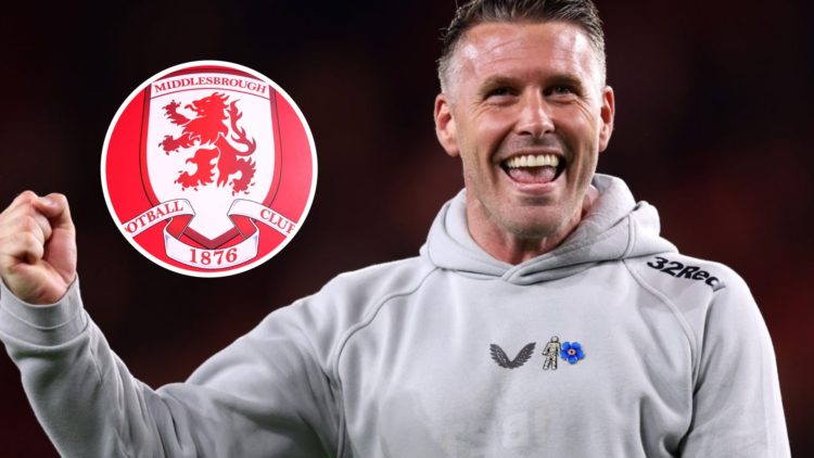 Middlesbrough manager Rob Edwards with club badge inset.