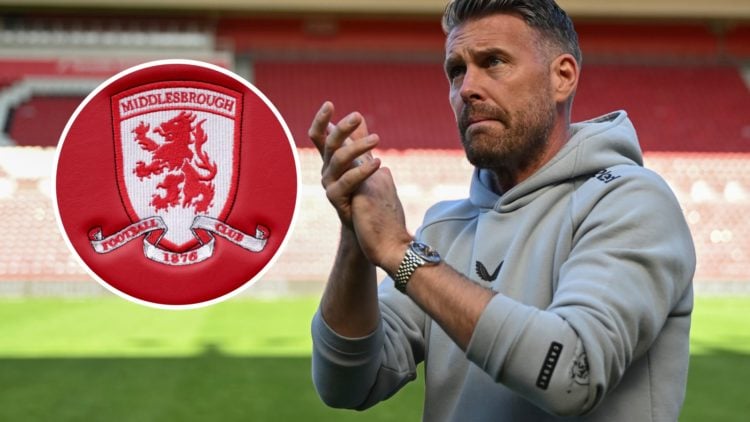 Middlesbrough manager Rob Edwards applauding fans at the Riverside Stadium, and inset, the Middlesbrough FC badge.