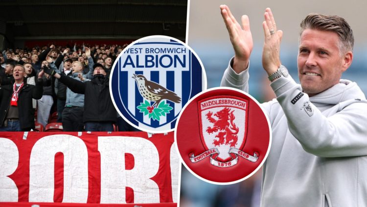 Middlesbrough FC fans chant during a Championship game, and Rob Edwards applauding the Middlesbrough fans. Inset, the Middlesbrough FC badge and th...