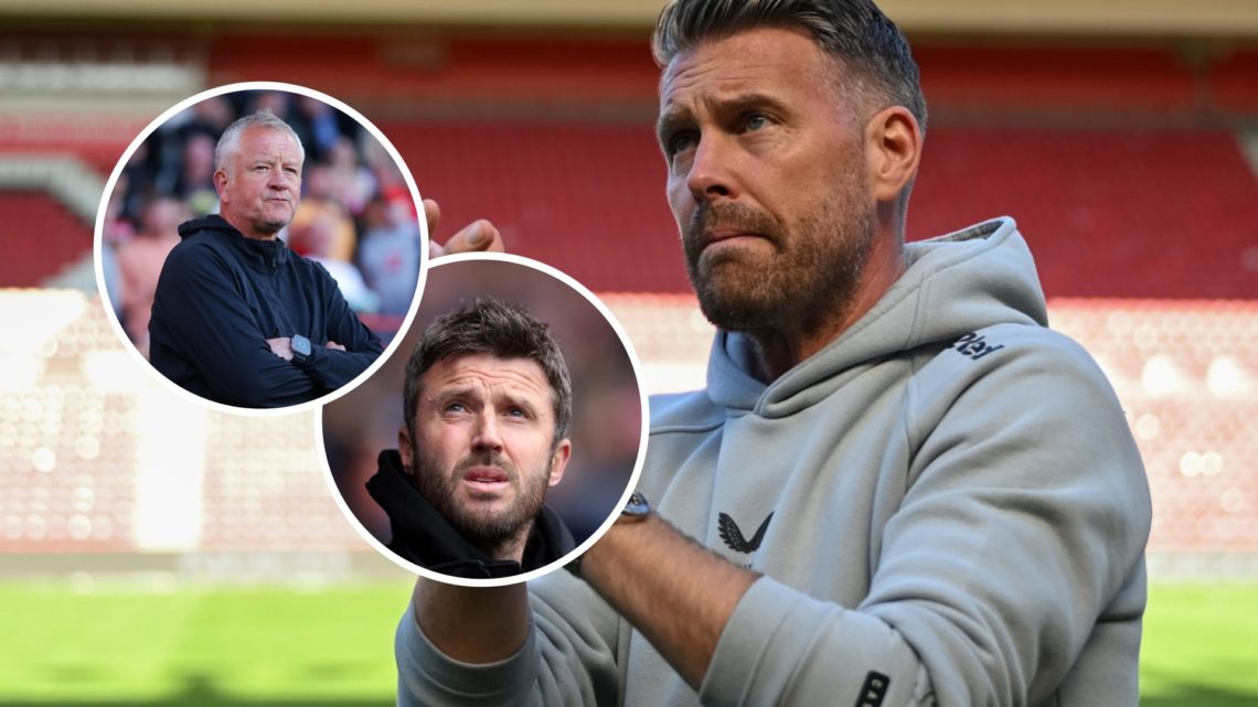 Rob Edwards applauds the Middlesbrough FC fans after a Championship. Inset, former Middlesbrough FC managers Chris Wilder and Michael Carrick.