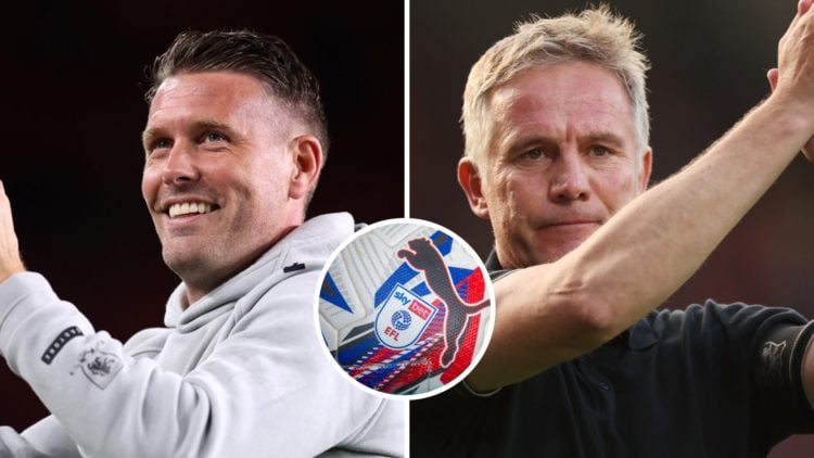 Split image of Middlesbrough manager Rob Edwards and Wrexham manager Phil Parkinson with EFL logo inset.