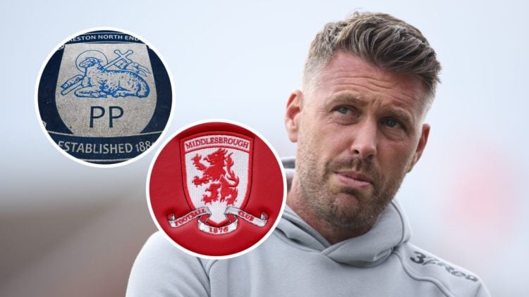 Middlesbrough manager Rob Edwards. Inset, the Middlesbrough FC badge and the Preston North End FC badge.