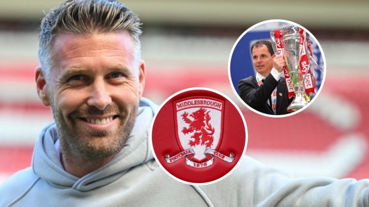 Middlesbrough FC manager Rob Edwards smiles after a Championship game. Inset, the Middlesbrough FC badge and Sunderland AFC head coach Regis Le Bri...