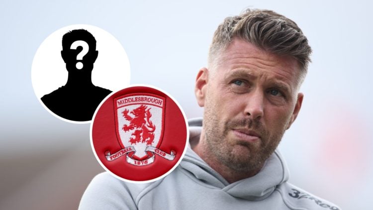 Middlesbrough FC manager Rob Edwards reacts during a Championship game. Inset, a mystery player and the Middlesbrough FC badge.