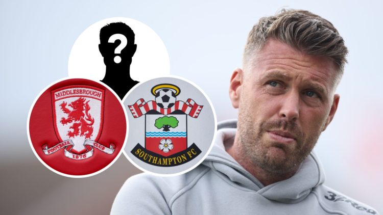 Rob Edwards reacts during Middlesbrough FC match. Inset, a mystery player, the Middlesbrough FC badge and the Southampton FC badge.