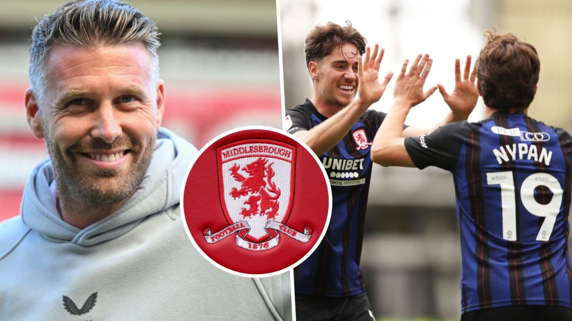 Middlesbrough manager Rob Edwards before a Championship game, and Hayden Hackney interacting with Sverre Nypan. Inset, the Middlesbrough FC badge.