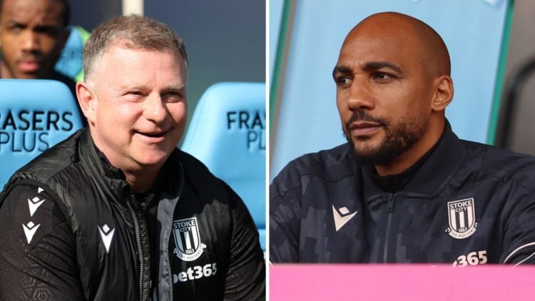 Mark Robins smiles before Coventry City vs Stoke City, Steven Nzonzi watches on from the stands at the Bet365 Stadium as Stoke City face Burnley in...