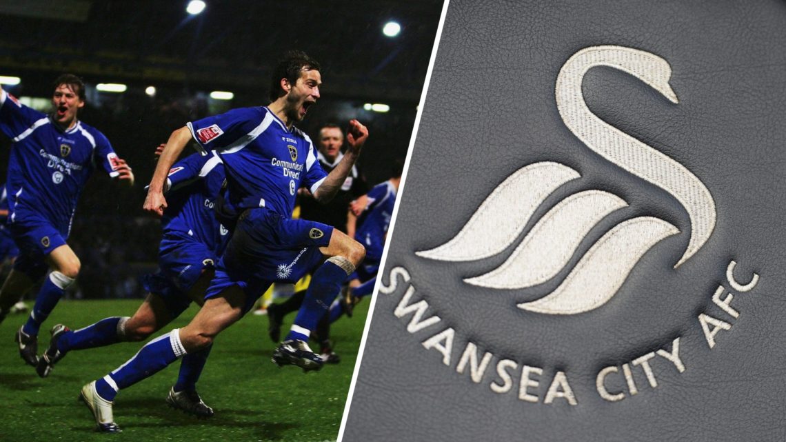 Roger Johnson celebrates his goal for Cardiff City vs Preston North End, a detailed view of the Swansea City badge