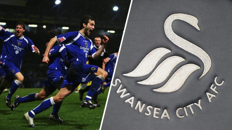 Roger Johnson celebrates his goal for Cardiff City vs Preston North End, a detailed view of the Swansea City badge
