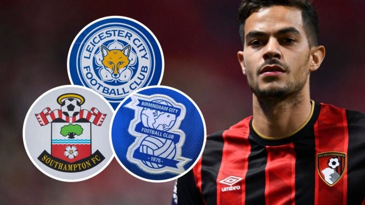 Romain Faivre reacts during a pre-season game for AFC Bournemouth. Inset, the Leicester City FC badge, the Southampton FC badge and the Birmingham ...