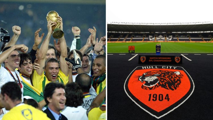 Ronaldo of Brazil lifts the 2002 World Cup in South Korea, a detailed view of the Hull City badge at the MKM Stadium