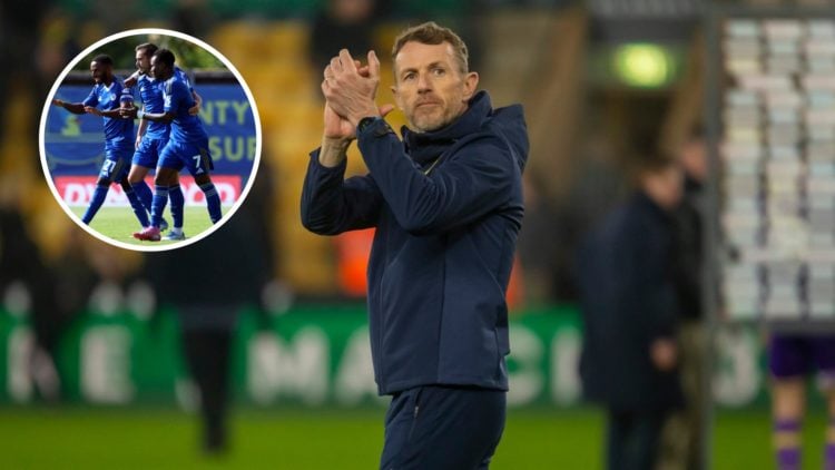 Gary Rowett applauds the Oxford United fans after their game against Norwich City, an inset of Ricardo Pereira celebrating his goal for Leicester City