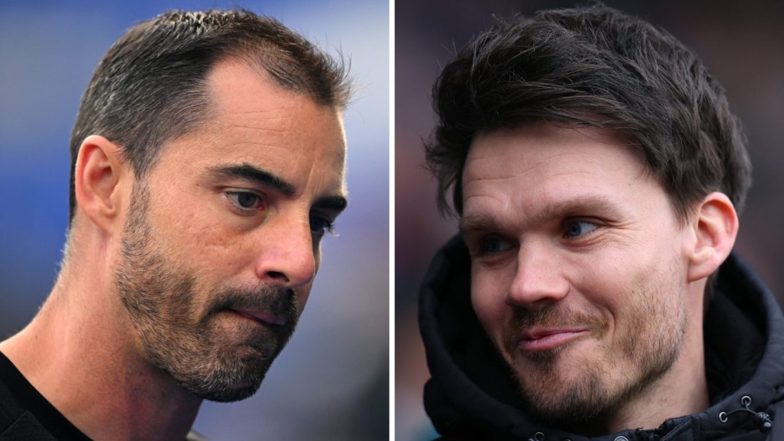 Ruben Selles, Manager of Sheffield United, looks on (left), Danny Rohl, Manager of Sheffield Wednesday looks on (right)