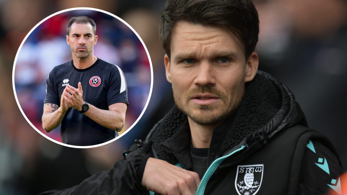 Danny Rohl as manager of Sheffield Wednesday looking on into the crowd (right) and Ruben Selles looks on as Sheffield United manager (inset)