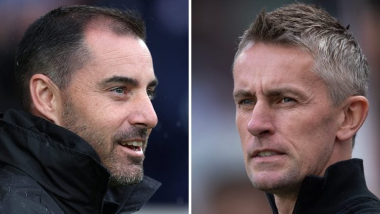Ruben Selles, Manager of Sheffield United, looks on (left), Ipswich Town manager Kieran McKenna looks on (right)