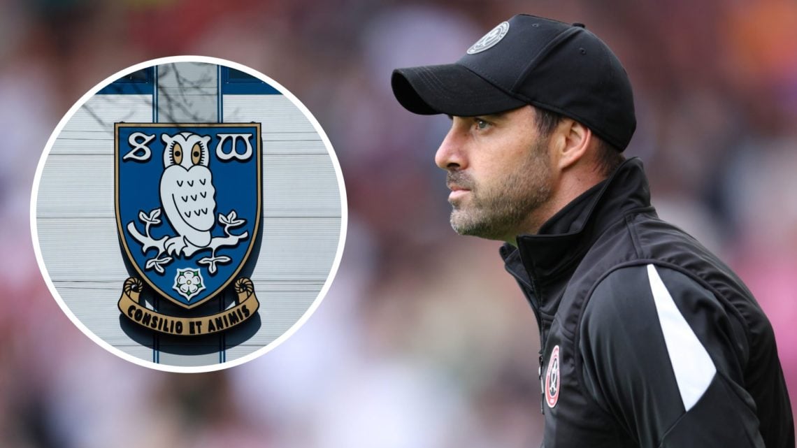 Ruben Selles, Manager of Sheffield United, looks on. Inset: The Sheffield Wednesday club crest outside the Hillsborough Stadium, home of Sheffield ...