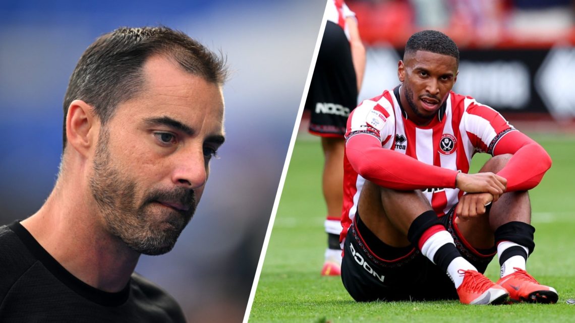 Ruben Selles, Manager of Sheffield United, looks on (left), Tyrese Campbell of Sheffield United looks dejected (right)