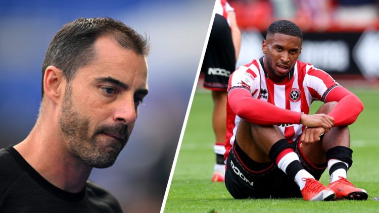 Ruben Selles, Manager of Sheffield United, looks on (left), Tyrese Campbell of Sheffield United looks dejected (right)