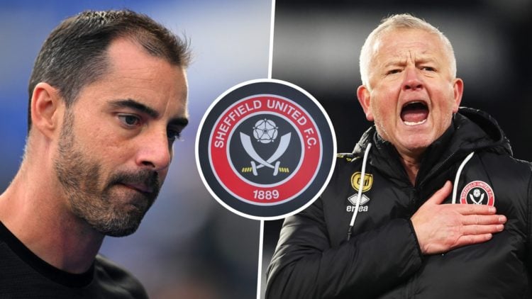 Sheffield United manager Ruben Selles, and former Sheffield United manager Chris Wilder. Overlaid, the Sheffield United FC badge.