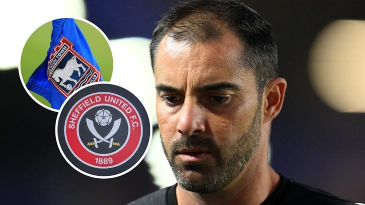 Sheffield United manager Ruben Selles reacts after a game. Inset, the Ipswich Town FC badge and the Sheffield United FC badge.