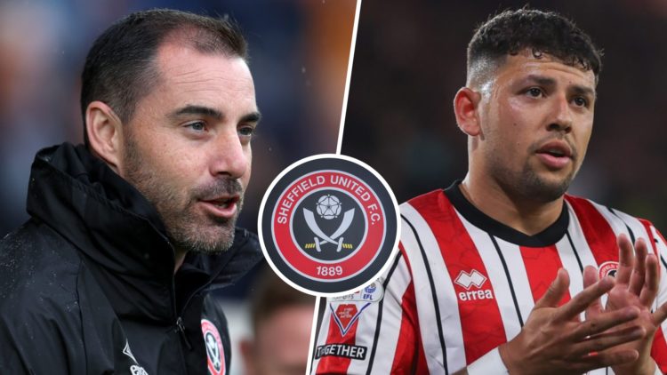 Split image of Sheffield United manager Ruben Selles (L) and Gus Hamer (R) with club badge inset.
