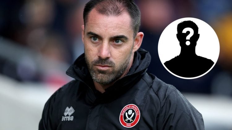 Sheffield United manager Ruben Selles with mystery player graphic.