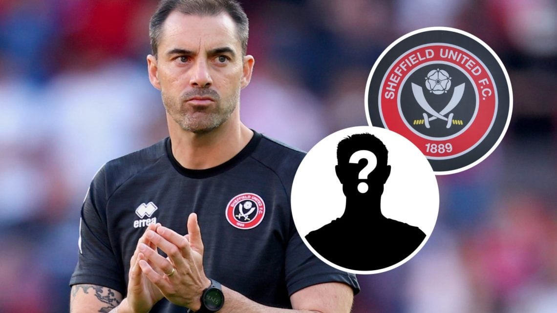 Sheffield United manager Ruben Selles, and inset, a mystery player and the Sheffield United FC badge.