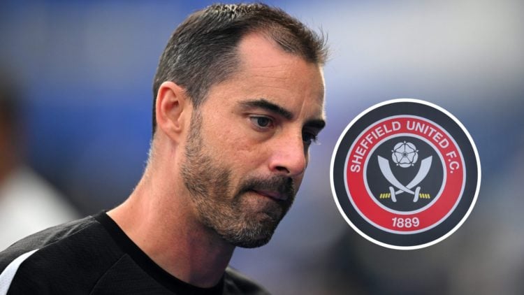 Sheffield United manager Ruben Selles reacts during a Championship game, and inset, the Sheffield United FC badge.