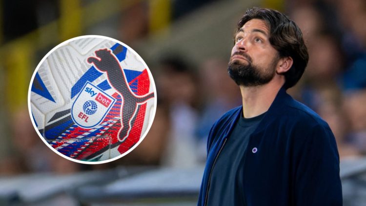 Head coach Russell Martin of Rangers. Inset: A detailed view of the SkyBet and EFL league logo on a white Puma match ball
