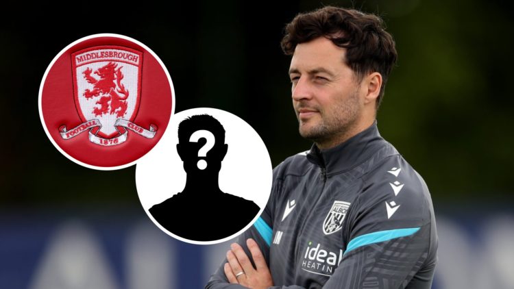 West Bromwich Albion FC head coach Ryan Mason during a training session. Inset, a mystery player, and the Middlesbrough FC logo.