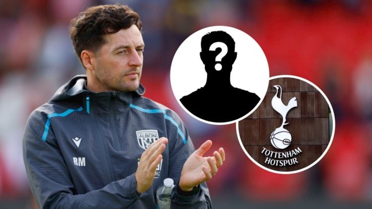 West Bromwich Albion FC manager Ryan Mason, and inset, a mystery player and the Tottenham Hotspur FC badge.