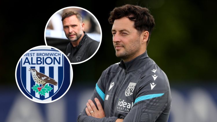 West Bromwich Albion manager Ryan Mason reacts during a training session. Inset, Derby County FC manager John Eustace, and the West Bromwich Albion...