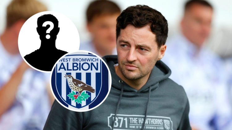 West Brom manager Ryan Mason on the touchline before a Championship game. Inset, a mystery player and the West Bromwich Albion FC badge.