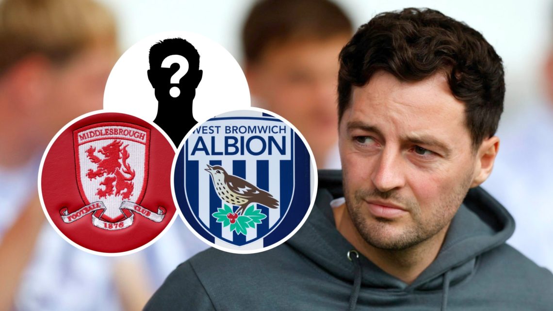 West Brom manager Ryan Mason during a Championship game. Inset, a mystery player, the West Bromwich Albion FC badge and the Middlesbrough FC badge.