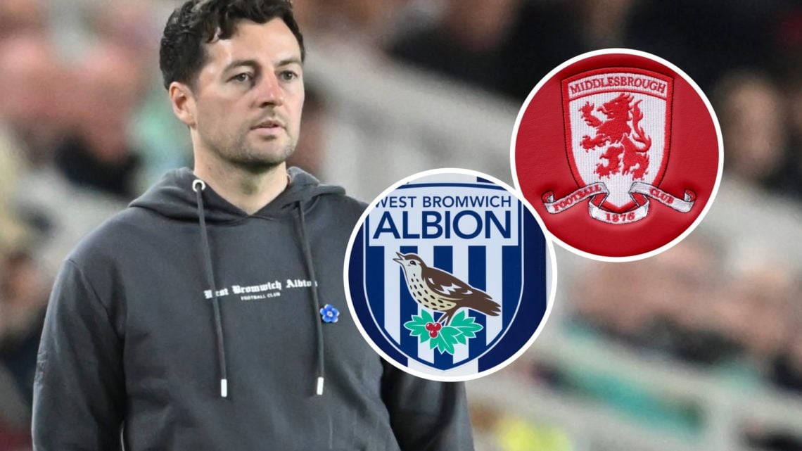 Ryan Mason reacts during Middlesbrough vs West Brom. Overlaid, the Middlesbrough FC badge and the West Bromwich Albion FC badge.