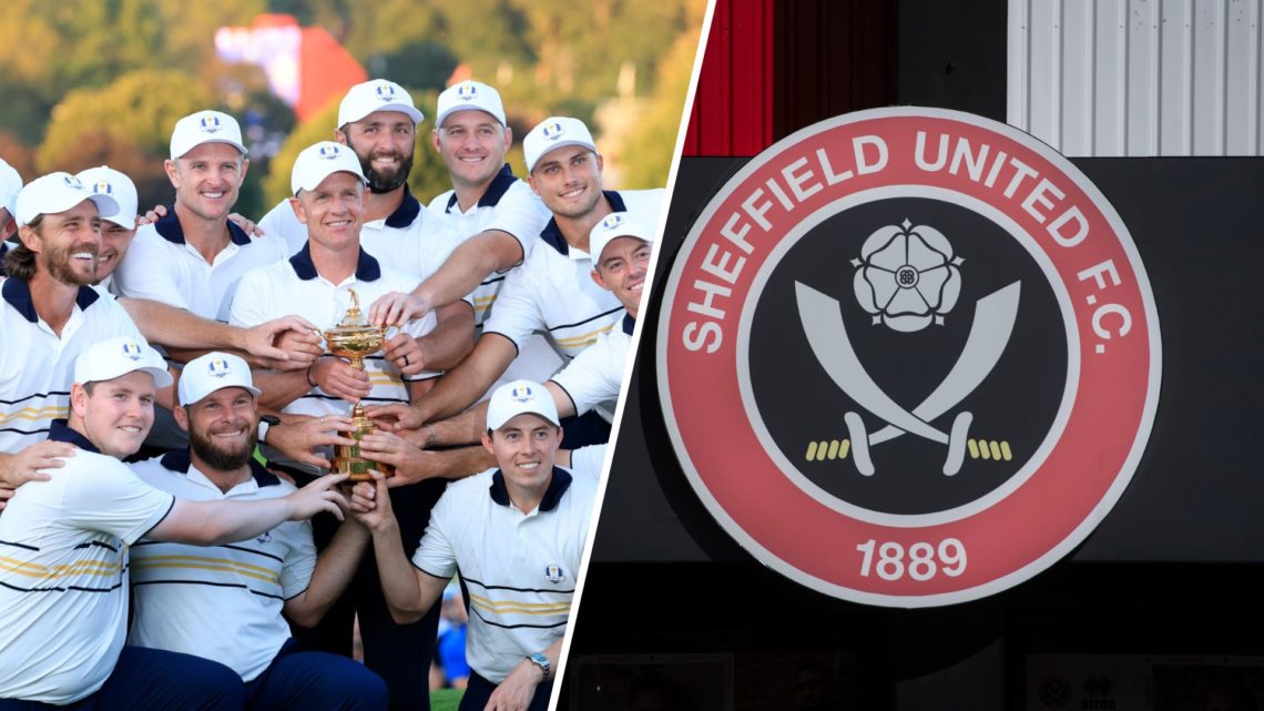 Team Europe celebrate winning the 2025 Ryder Cup, a detailed view of the Sheffield United badge outside Bramall Lane