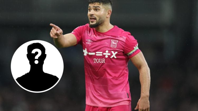 Sam Morsy instructs an Ipswich Town teammate vs Fulham, an inset of a mystery man