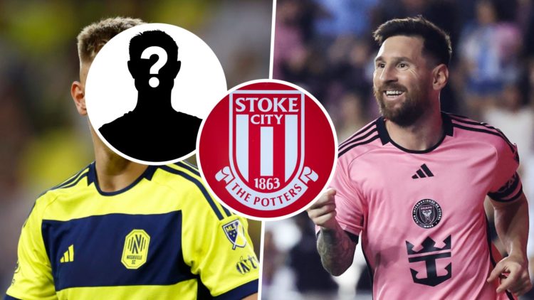 Sam Surridge during an MLS game for Nashville SC, and Lionel Messi celebrates scoring a goal for Inter Miami CF. Inset, a mystery player icon and t...