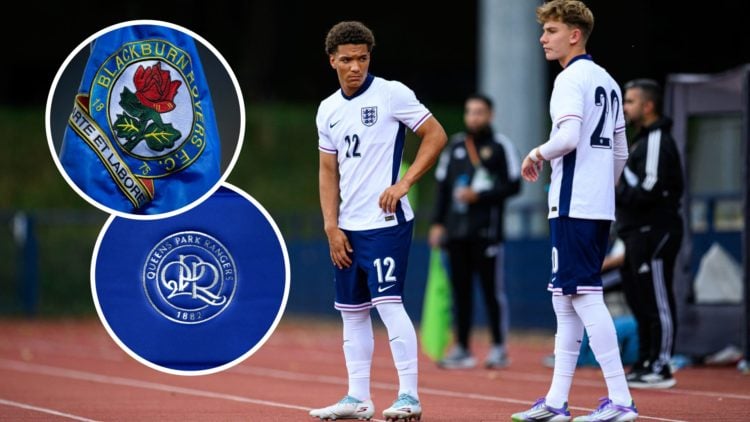 Floyd Samba comes on as a sub for England U17s vs Venezuela U17s, an inset of the Blackburn Rovers badge, an inset of the QPR badge
