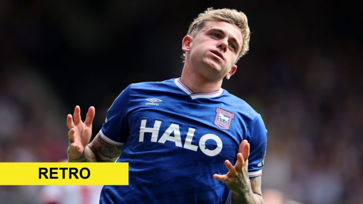 Sammie Szmodics of Ipswich Town reacts during the Sky Bet Championship match between Ipswich Town and Southampton. Overlaid, Retro banner