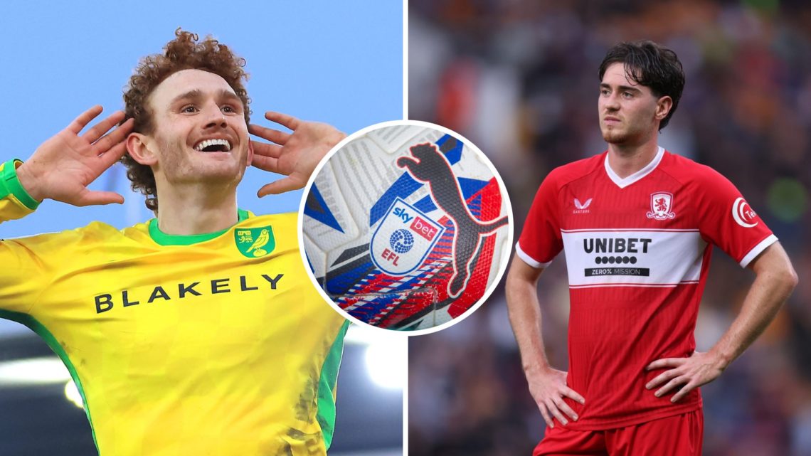 Josh Sargent celebrates his latest goal for Norwich City, an inset of the EFL badge, Hayden Hackney in action for Middlesbrough