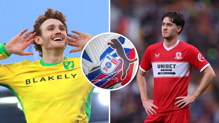 Josh Sargent celebrates his latest goal for Norwich City, an inset of the EFL badge, Hayden Hackney in action for Middlesbrough