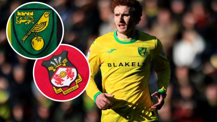 Josh Sargent in action for Norwich City, an inset of the Norwich City badge, an inset of the Wrexham badge
