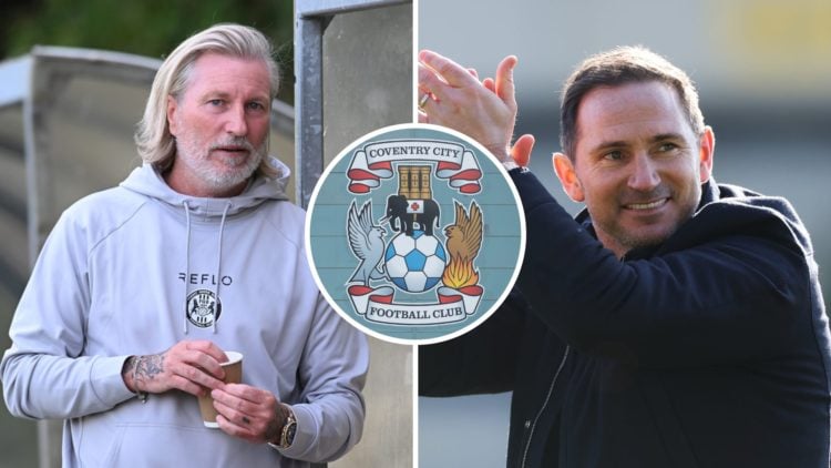 Robbie Savage looks on during Forest Green Rovers' pre-season friendly vs AFC Slimbridge, an inset of the Coventry City badge, Frank Lampard celebr...