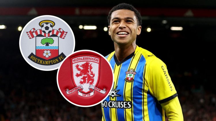 Shea Charles of Southampton celebrates after scoring against Liverpool. Inset, the Southampton FC badge and the Liverpool FC badge.