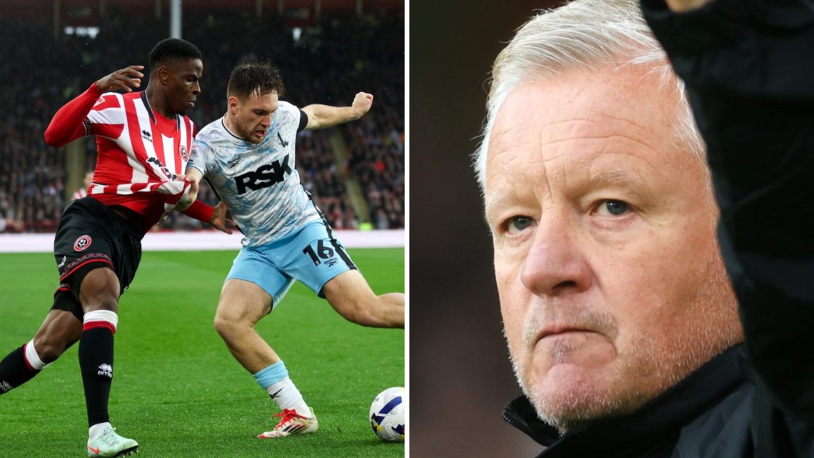 Chiedozie Ogbene and Josh Edwards battle for the ball (left) and Chris Wilder looks on while managing Sheffield United (right)