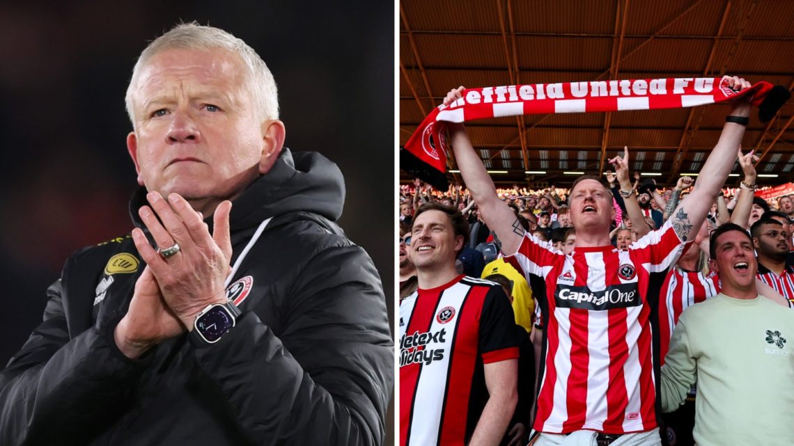 Sheffield United manager Chris Wilder, and the Sheffield United fans celebrating during a Championship game.