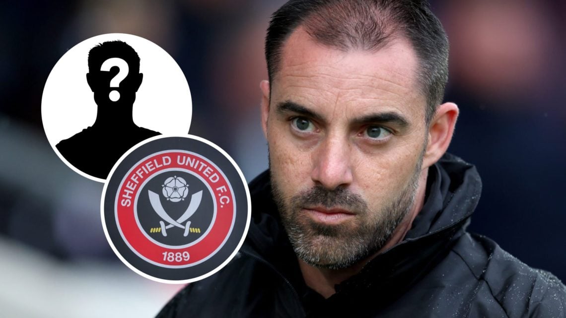 Sheffield United head coach Ruben Selles before a game, and inset, a mystery player and the Sheffield United FC badge.
