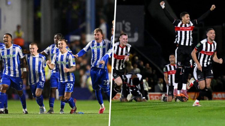 Sheffield Wednesday players celebrate beating Leeds United in the Carabao Cup (left) and Grimsby Town players celebrate beating Manchester United i...