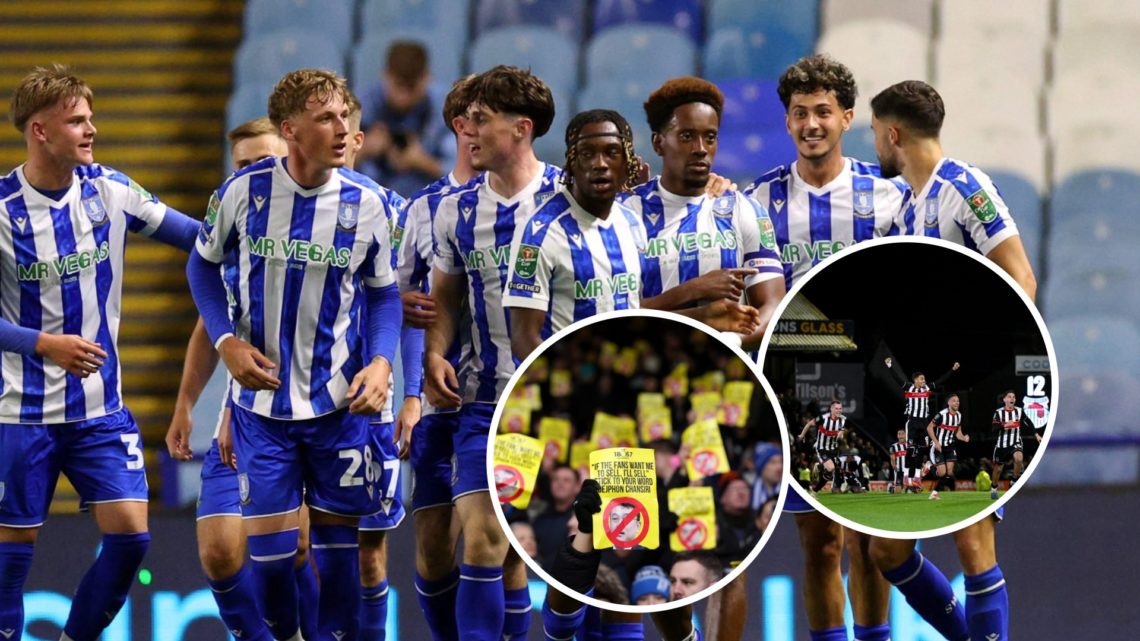 Sheffield Wednesday's players celebrate after beating Leeds United (main) and Grimsby Town players celebrate beating Manchester United on penalties...